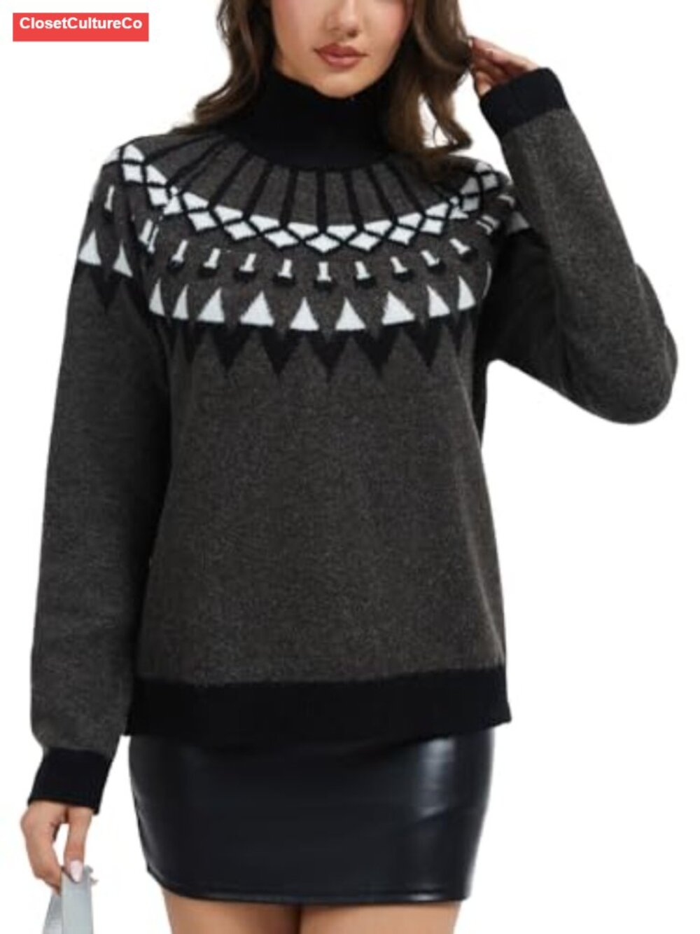 Womens Fair Isle Turtleneck Pullover Sweater Oversized Knit Long Sleeve - Picture 4 of 6